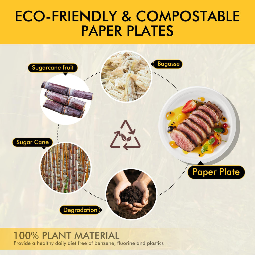 RACETOP Compostable Paper Plates 10 Inch [150 Pack], Disposable Biodegradable Heavy Duty Paper Plates, Made of Natural Sugarcane Fibers, Unbleached White, Round