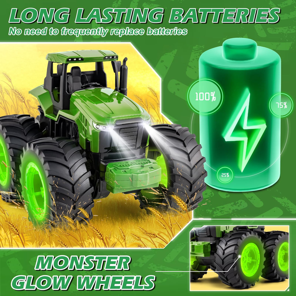 IJIGU Remote Control Tractor Toys, Light Up Farm Monster Trucks Toy for Boys 3, 4, 5, 6, 7 Year Old, 2.4 Ghz RC Tractor Toys, Ideal Christmas, Birthday Gifts for Kids