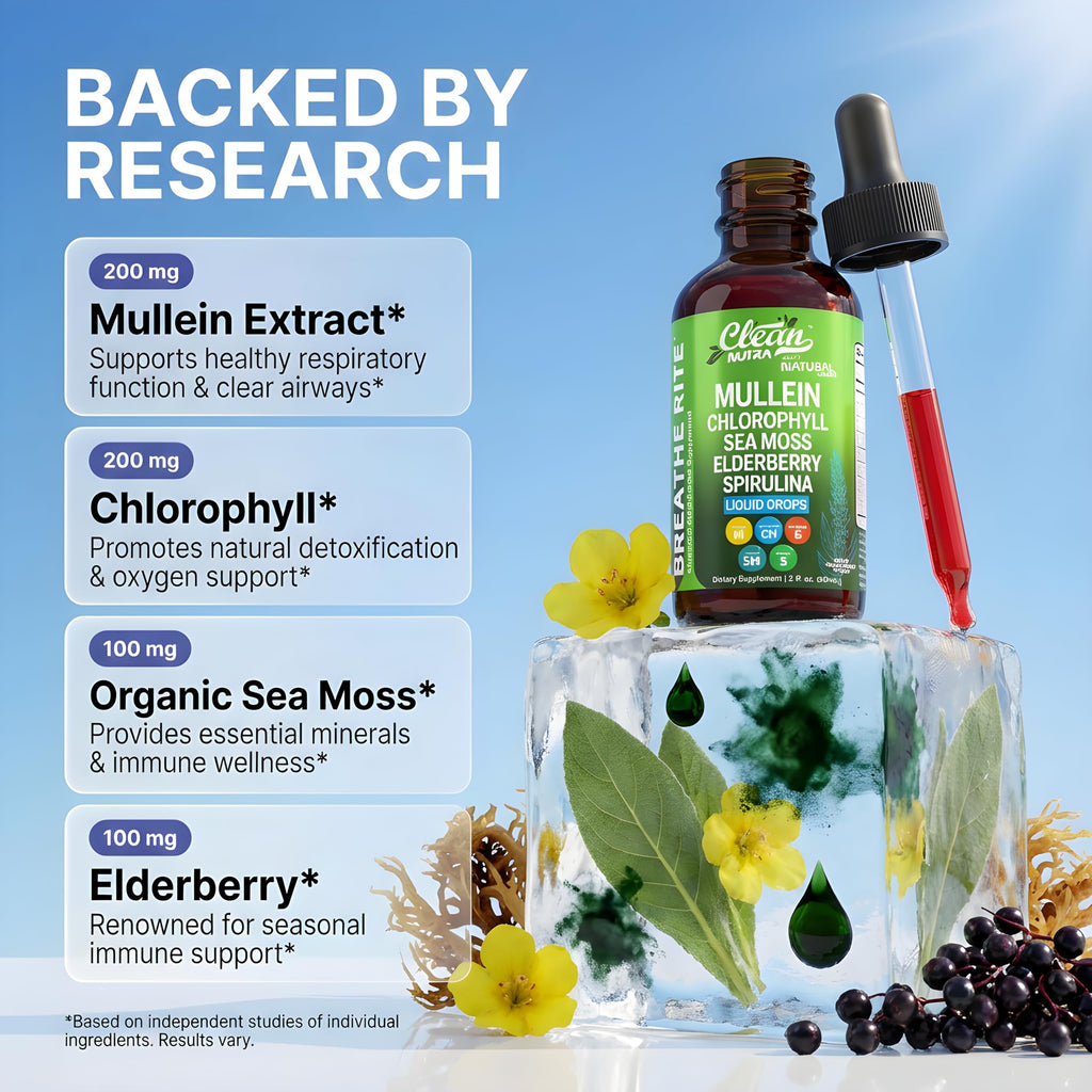 Clean Nutra Mullein Drops for Lungs Organic Chlorophyll Liquid Irish Sea Moss, Spirulina, Licorice, Tart Cherry Lobelia, Motherwort & Elderberry Mullein Leaf Extract Tincture Men Women Supplement