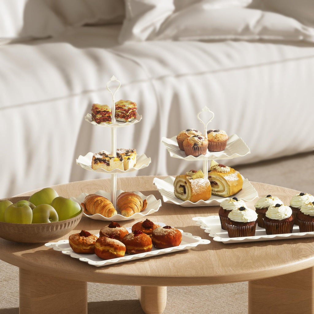 10 Pack Cake Stand Set with 3 x Two-Tier and 3 x Three-Tier Cupcake Stands, Plastic Dessert Table Stand Set 3 Tired Cookie Tray and 4 Pcs Dessert Trays