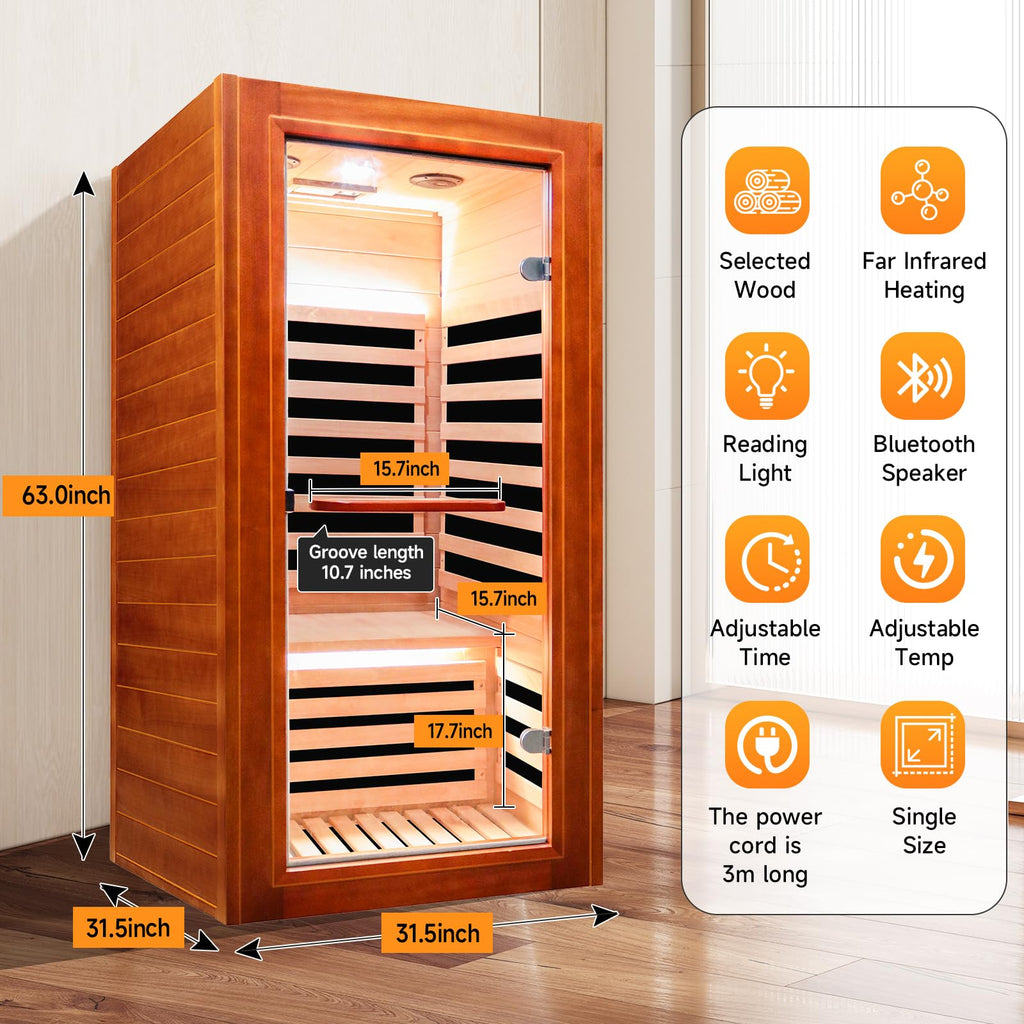 OUTEXER Far Infrared Sauna Home Sauna Spa Room Low-EMF 1020W Indoor Wood Saunas for Home with 7 Color Light 31.5"x31.5"x63"