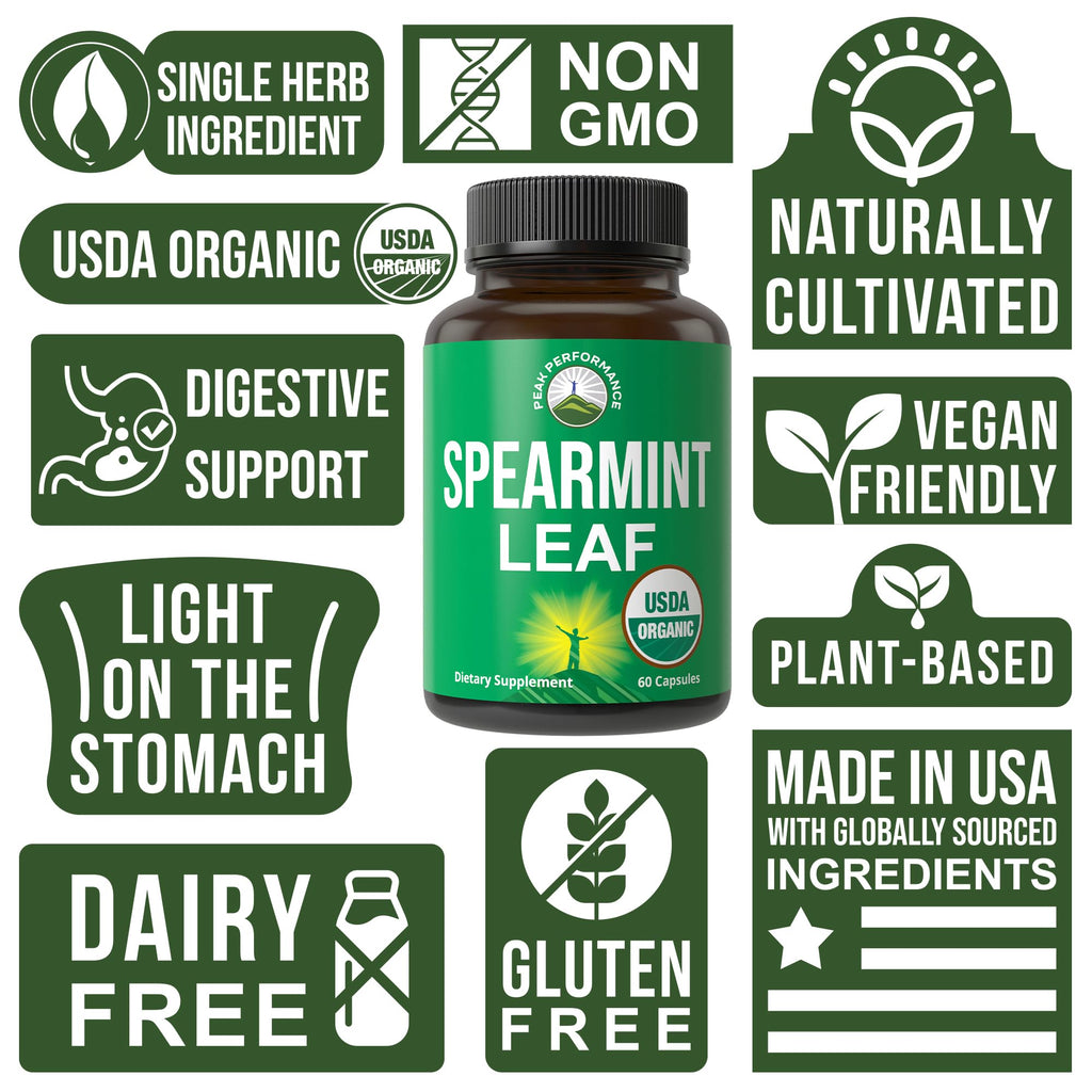 Peak Performance USDA Organic Spearmint Capsules. Organic Vegan Spearmint Leaf Pills for Digestive Support, Ingestion, and More. USA Tested Supplement for Women and Men.