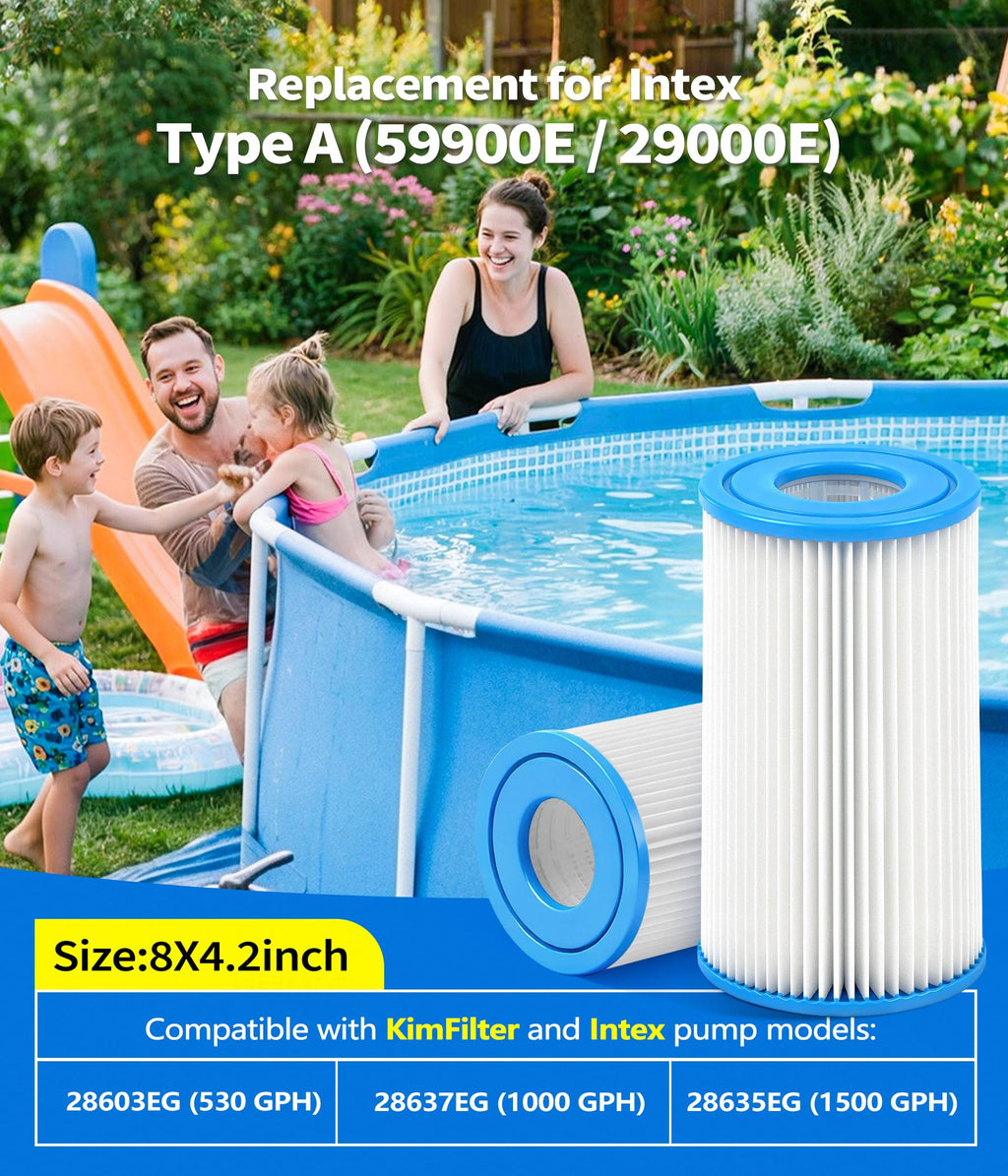 KimFilter Universal Type A/C Pool Filter Cartridge Replacement (4-Pack) – Compatible with 1000GPH Above-Ground Pool Pumps Using Type A or C Filter, Reusable Cartridge with Superior Filtration Delivery