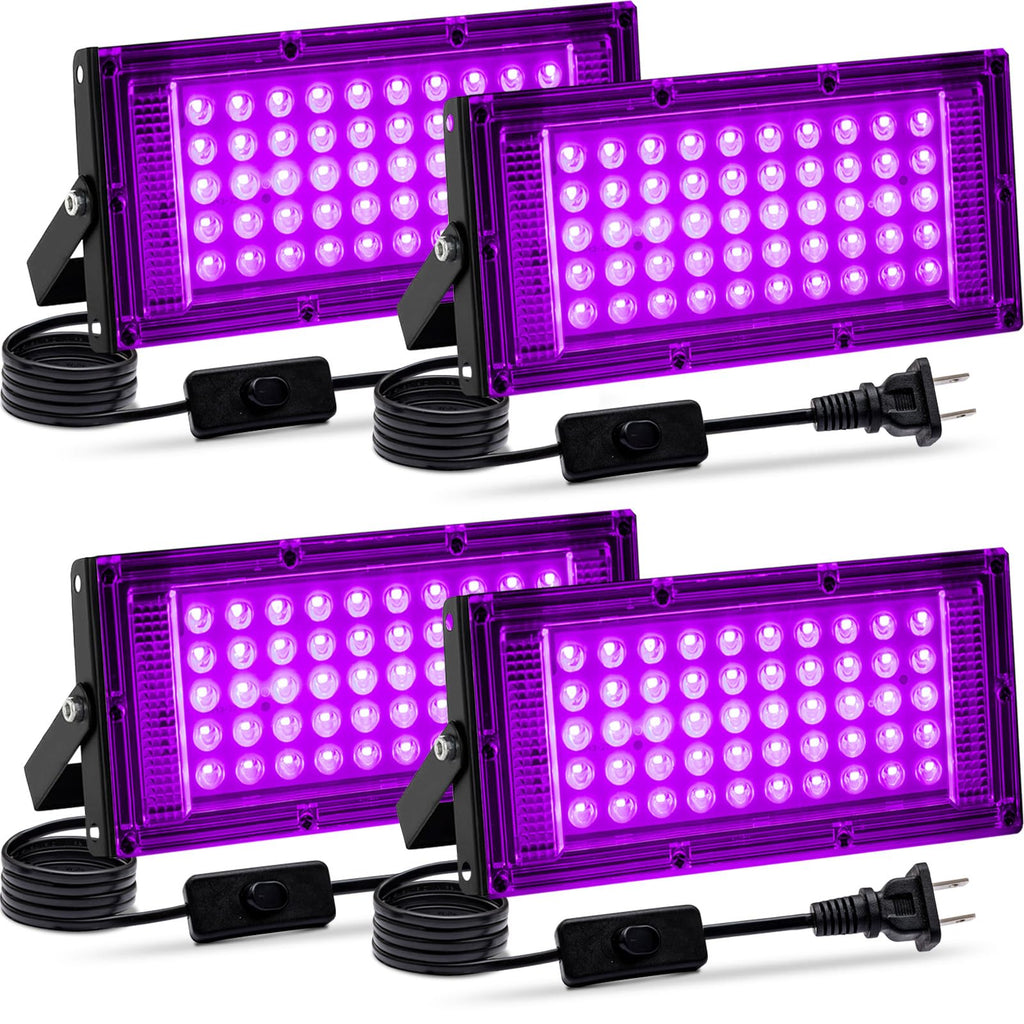 Akpgf 4 Pack 50W Black Light, LED Blacklight Flood Light with US Plug and Switch, Black Lights for Glow Party,Halloween,Body Painting,Birthday Party,Fluorescent Painting and Fluorescent Tapestry
