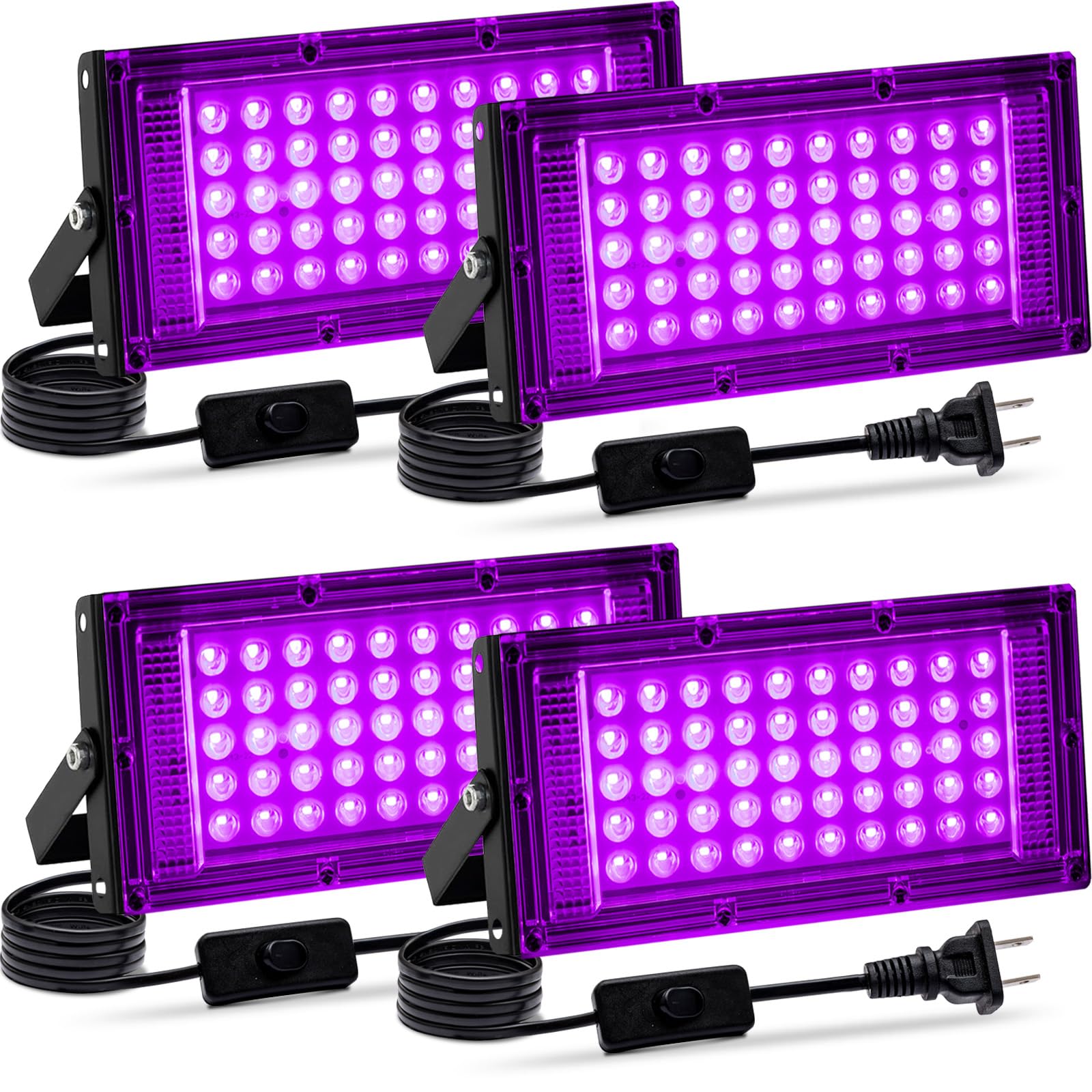 Akpgf 4 Pack 50W Black Light, LED Blacklight Flood Light with US Plug and Switch, Black Lights for Glow Party,Halloween,Body Painting,Birthday Party,Fluorescent Painting and Fluorescent Tapestry