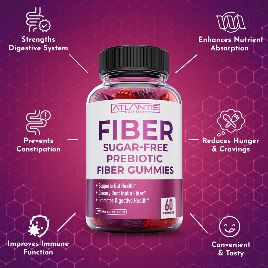 Atlantis Nutrition Sugar Free Fiber Gummies for Adults - 5G Fiber Supplement Formulated with 5.4G Prebiotic Digestive Blend - Supports Gut Health & Promotes Healthy Digestion - 2-Pack 120 Gummies