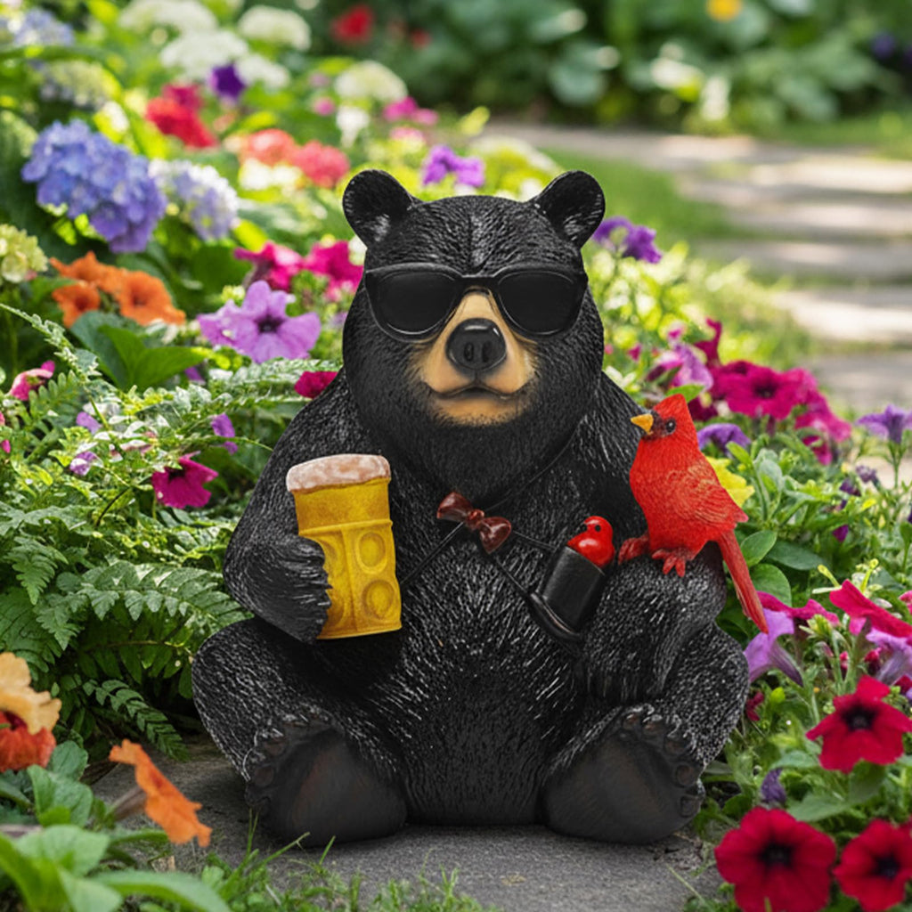 YHSOLAR Solar Black Bear Statue for Garden with Beer and Cardinals