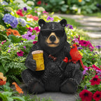 YHSOLAR Solar Black Bear Statue for Garden with Beer and Cardinals
