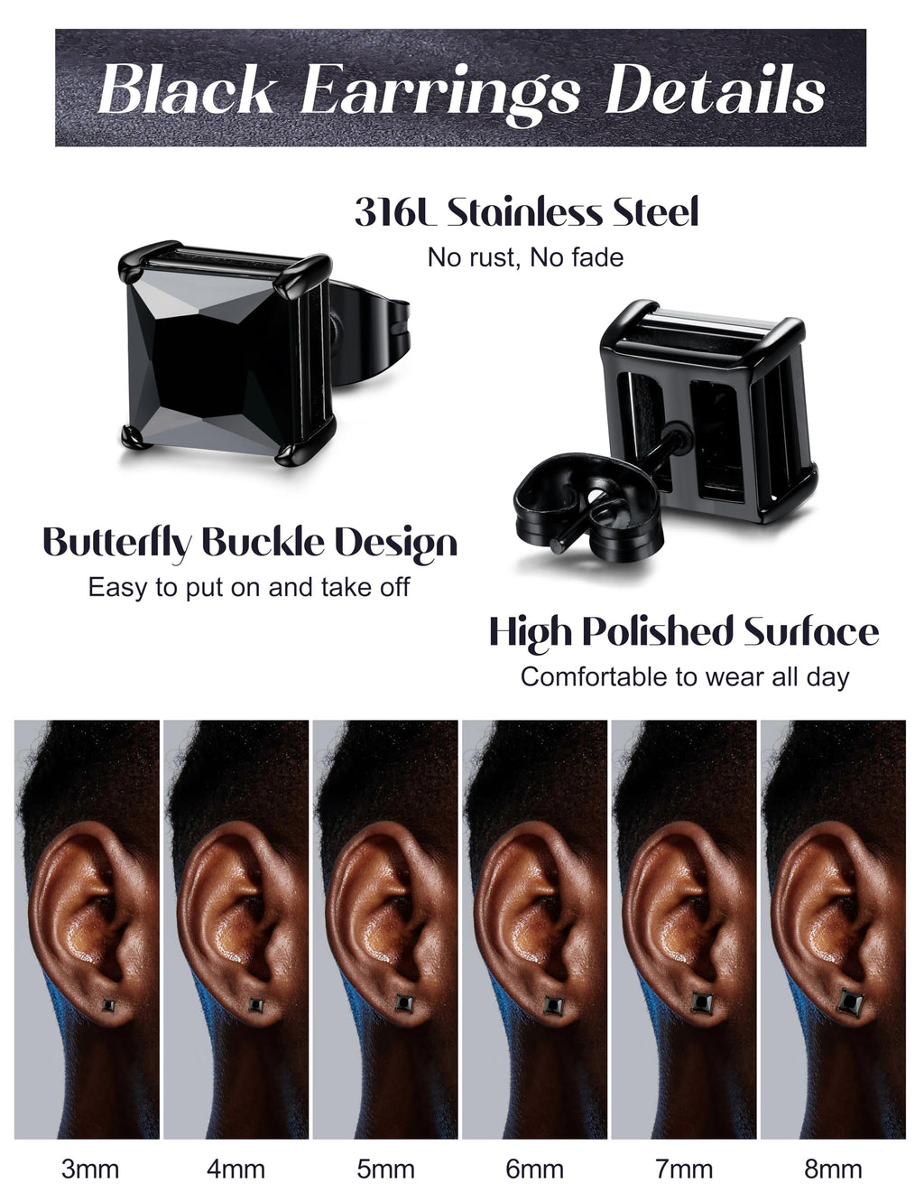 ORAZIO Black Square CZ Stud Earrings for Men Women Stainless Steel Princess Cut Cubic Zirconia Earring Studs 3MM-8MM