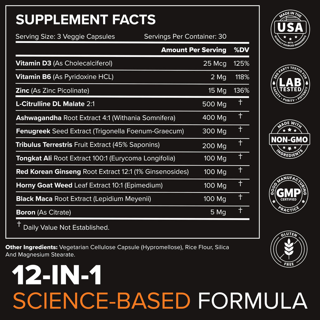 STRIVLABS Peak Potential 12-in-1 Testosterone Support for Men – Fenugreek, Ashwagandha & Tongkat Ali – Natural Strength, Energy & Muscle Builder – 90 Capsules