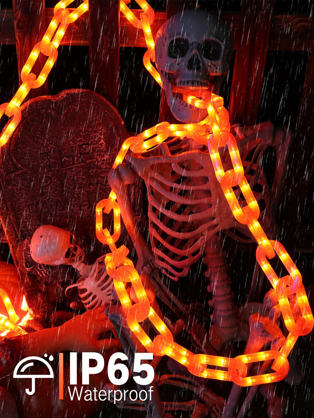Solar Halloween Chain Lights, 10 FT 160 LED Orange Light-Up 8 Modes Memory