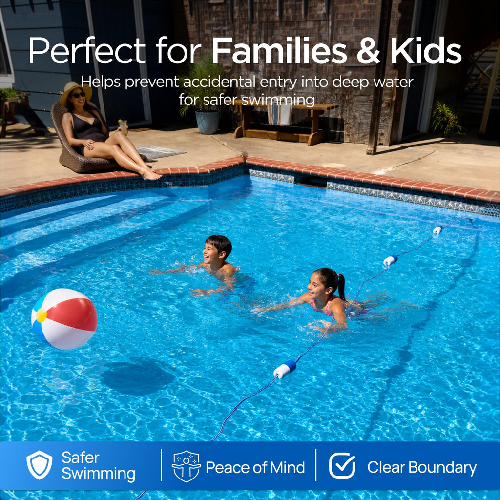 FibroPool 50 ft Pool Safety Rope with 16 Floats – Adjustable Buoy Lane Divider, UV Braided, Chrome Hooks – Shallow & Deep End Line for Inground & Above Ground Swimming Pools