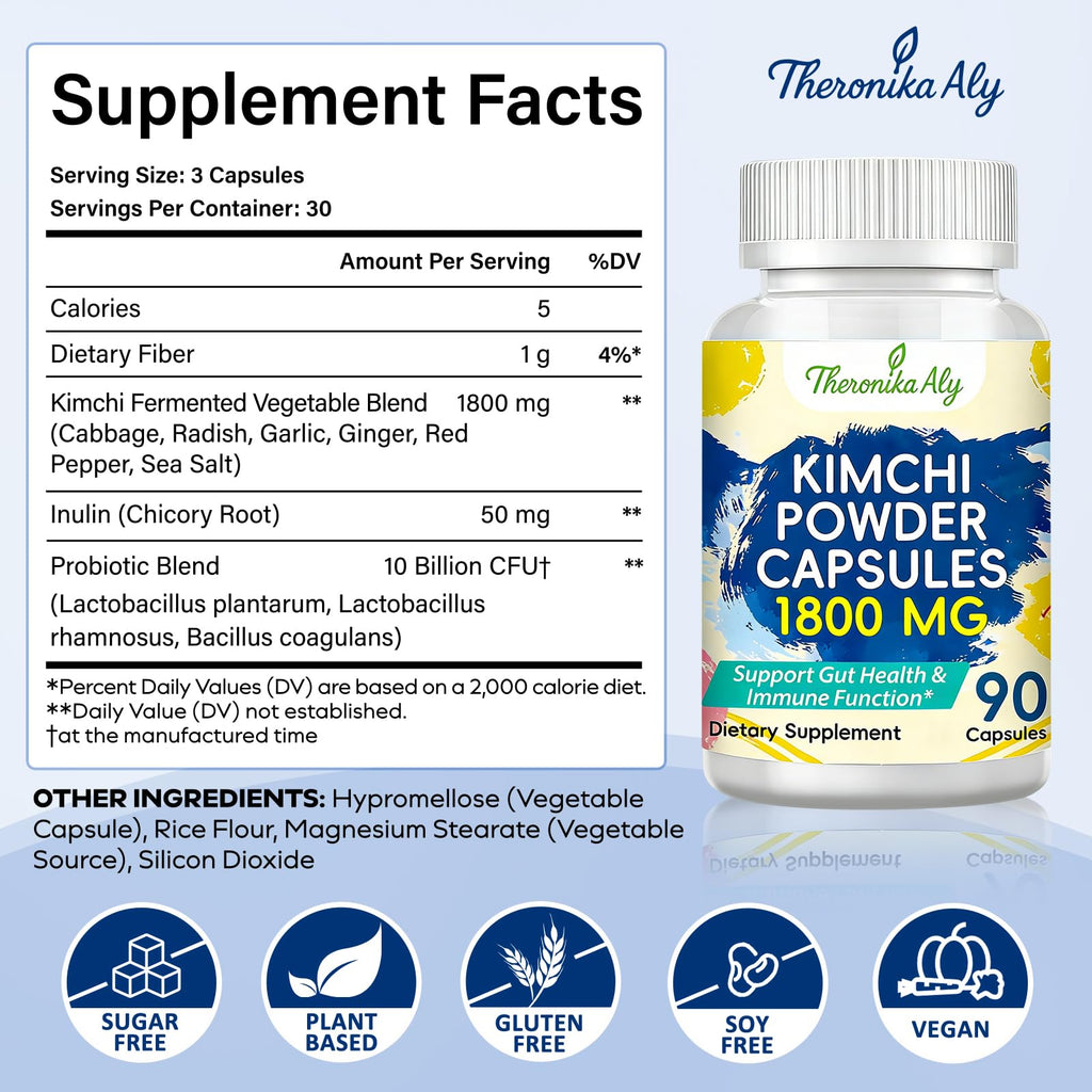 Kimchi Probiotic Capsules, Fermented Kimchi Powder with 10 Billion CFU Probiotics & Prebiotic Inulin, Gut Health & Digestive Support, Fermented Vegetable Superfood Supplement, 90 Vegan Capsules