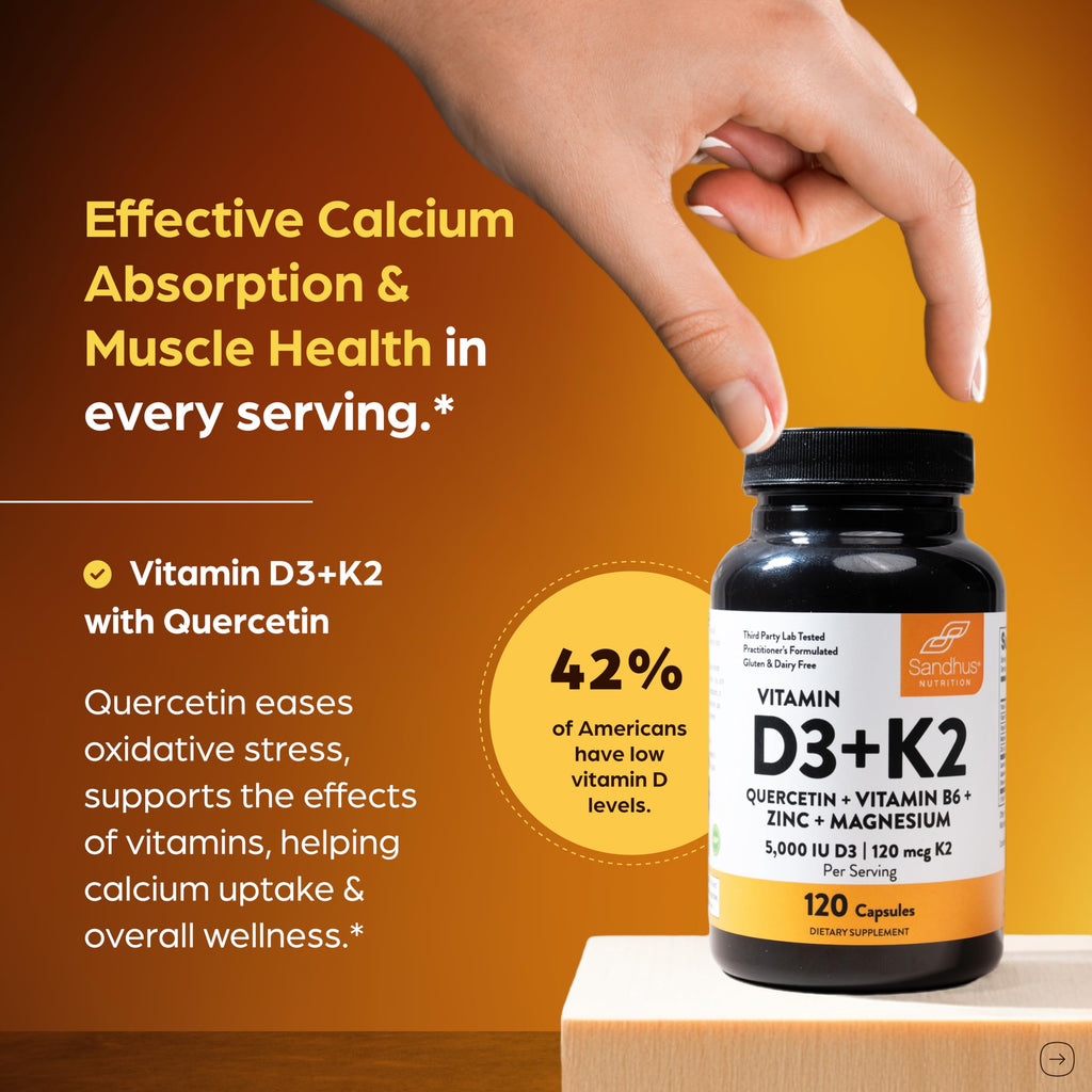 Sandhu's Vitamin D3 K2 Magnesium 5000 IU, 120mcg K2 Capsules 120 Count (Pack of 2) | with VIT B6, Zinc & Quercetin | D3K2 Supports Superior Absorption, Energy, Immune, Muscle Health for Men & Women
