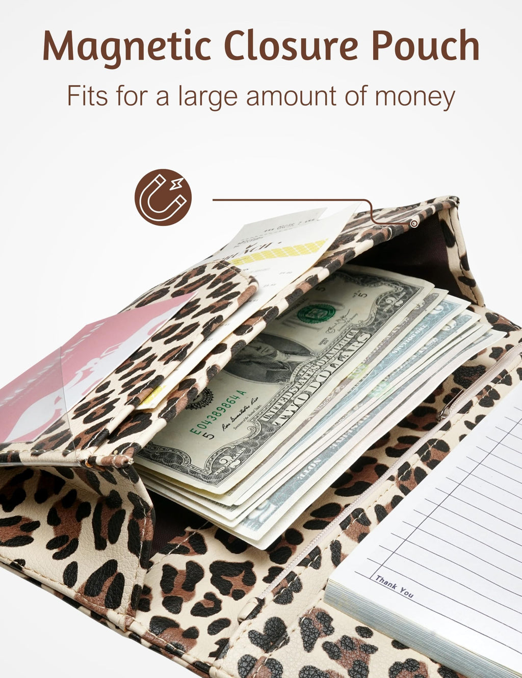 Server Book for Waitress with Zipper Pocket, Magnetic Pocket, Leopard