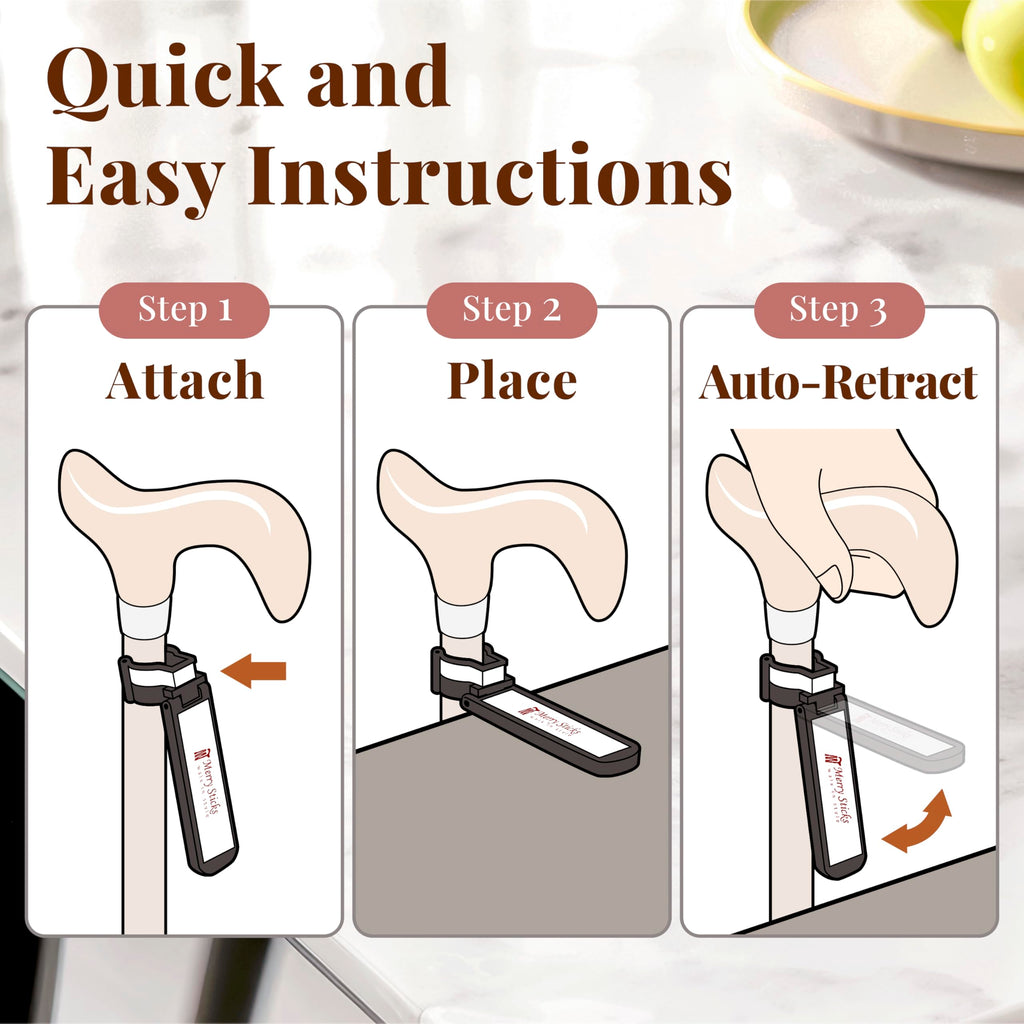 Merry Sticks Walking Cane Holder, Smart Reflective Cane Holder Clip for Table, Walking Stick Accessories for Senior, Portable, Foldable, and Convenient