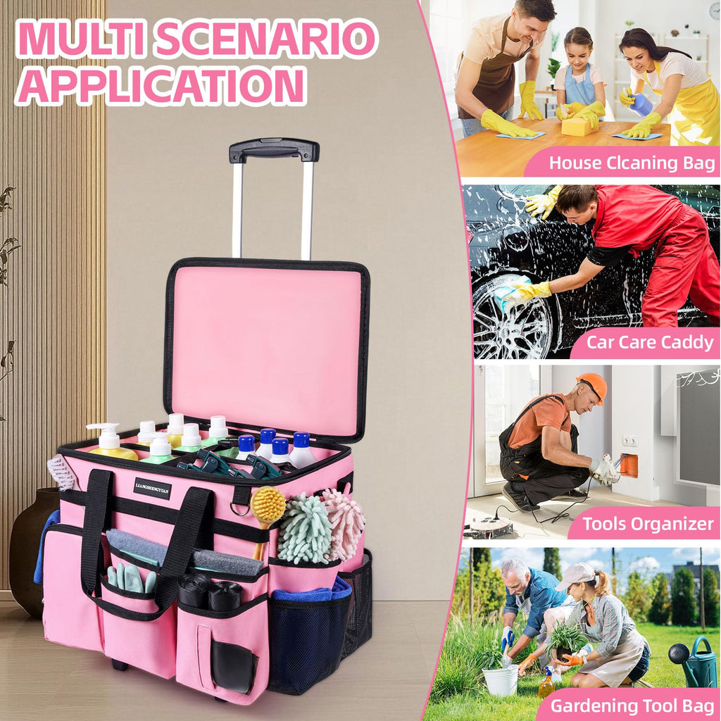 Extra Large Rolling Cleaning Caddy Bag with Wheels, Cleaning Baskets Bags with Detachable Trolley For Housekeepers , Water Resistant Cleaner Supplies Organizer with Wheels for Kitchen, Car