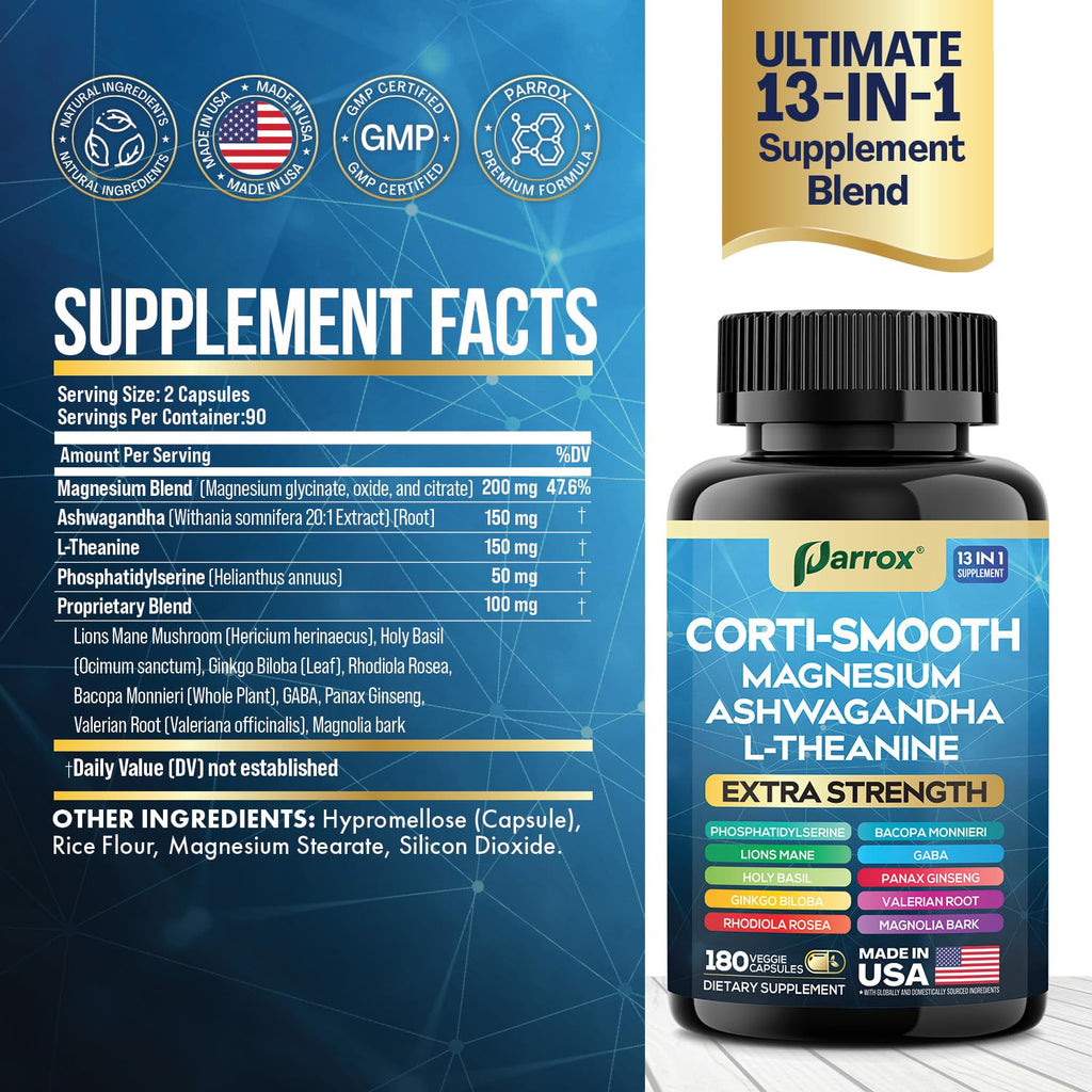 Parrox Corti-Smooth Cortisol Supplement Magnesium, L-Theanine, Ashwagandha, Magnolia Bark, Panax Ginseng, Bacopa Monnieri, GABA, Lions Mane, Ginkgo Biloba, Phosphatidylserine, Valerian Root (180 Caps)