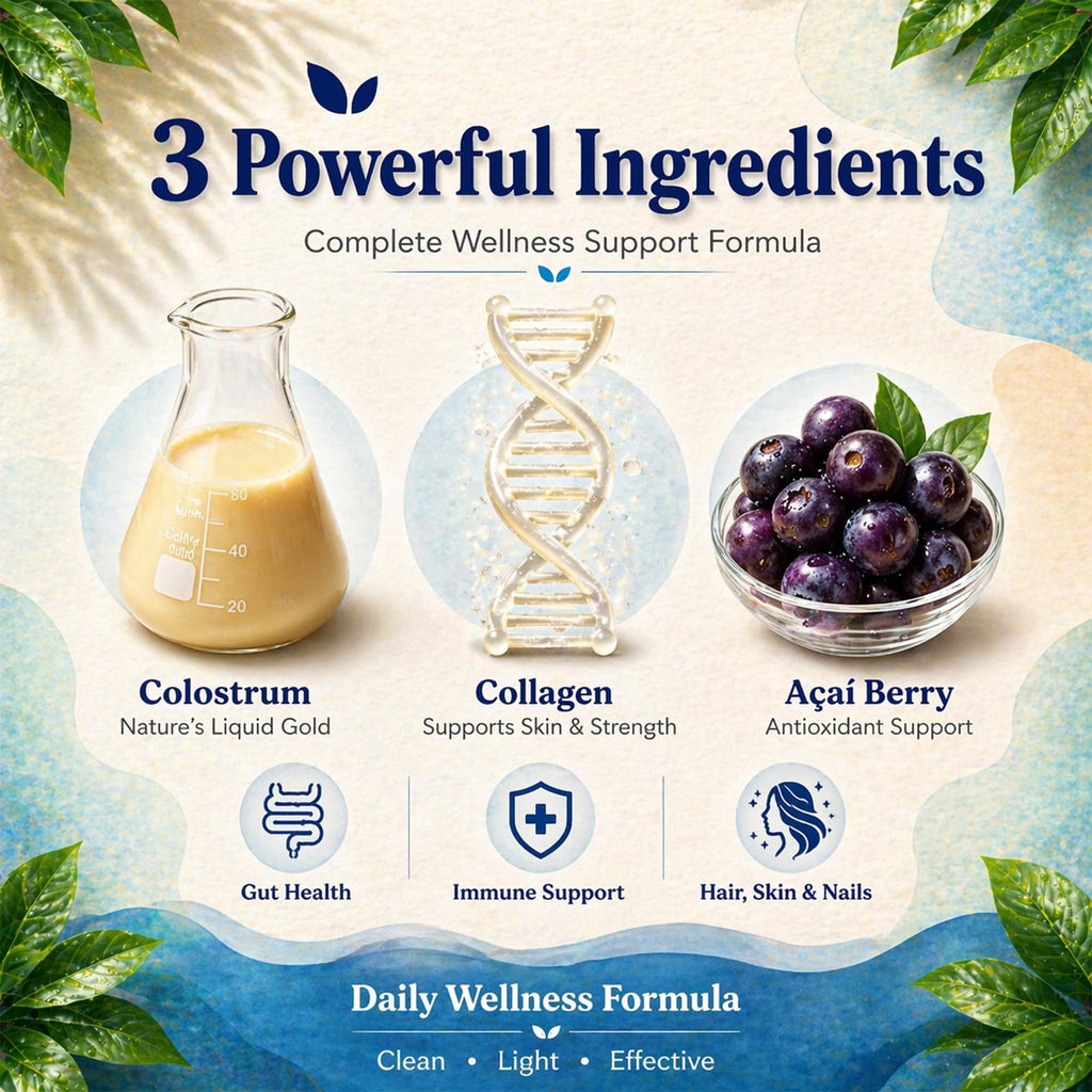 Luci Colostrum Powder 60 Servings 3 in 1 with Collagen Peptides and Acai, Bovine Colostrum for Gut Health, Bloating, Collagen Protein for Muscle, Skin, Hair, Nails and Immunity, Gluten & Fat Free 180g