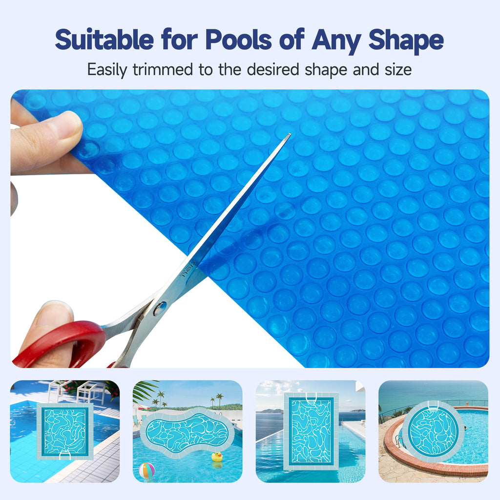 Pool Solar Cover, 12 x 24 ft Durable 16 mil Pool Covers for Inground & Above Ground Pools, Solar Pool Heater, Rectangle Solar Blanket with Bubbles, Blue