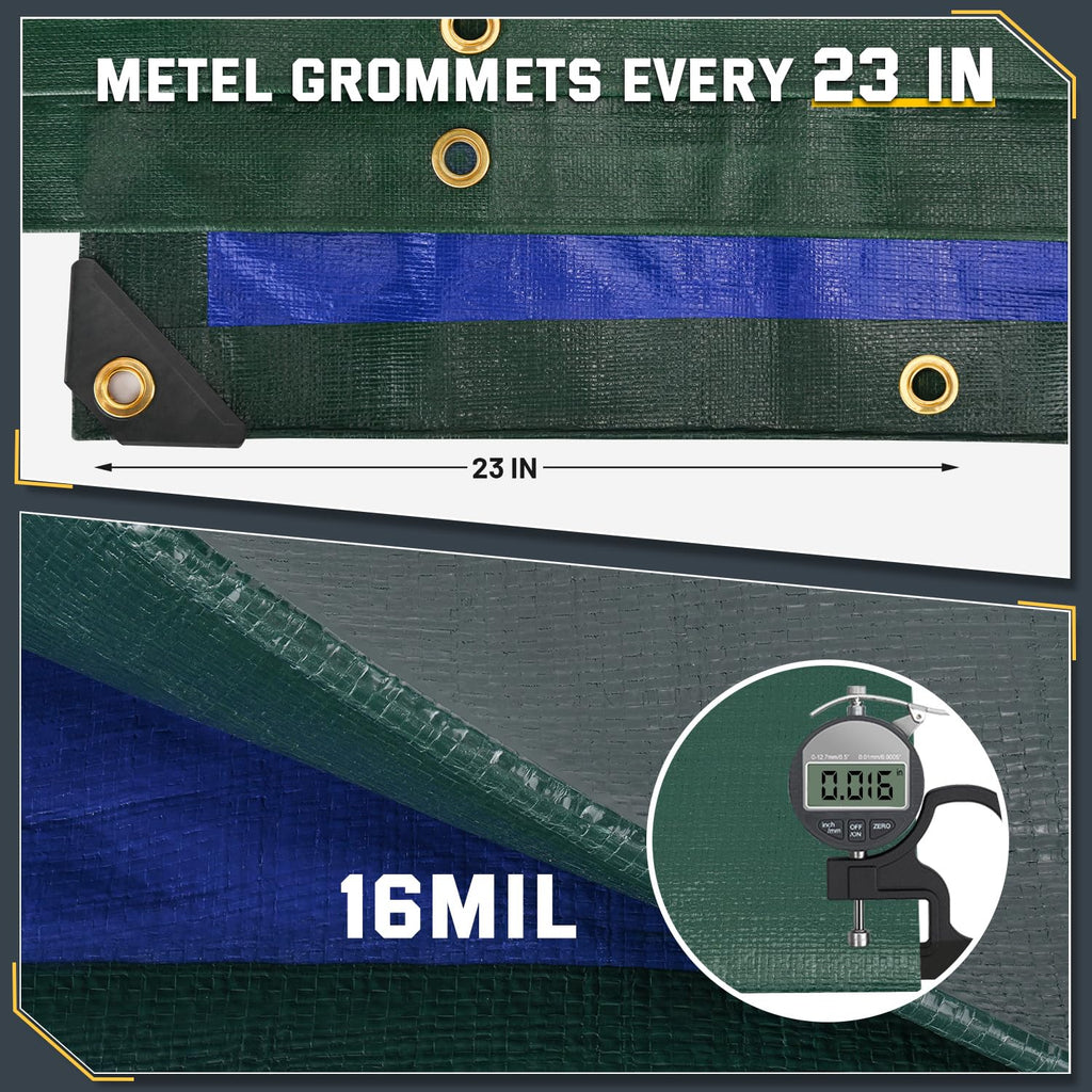 Kesfitt 16 Mil Heavy Duty Waterproof Tarp with Metal Grommets, Dark Green & Blue Reversible Poly Tarp, 10x10 ft, for Outdoor Protection, Yard, Garden, Farm, Camping & Equipment Coverage