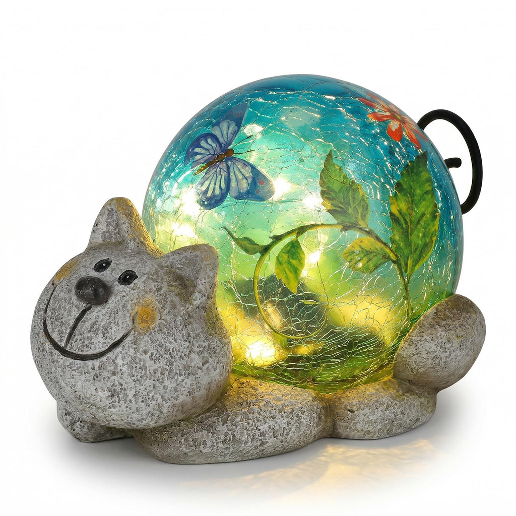 Solar Garden Outdoor Statue, Resin Cat Statues with Crackled Glass Globe