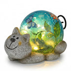 Solar Garden Outdoor Statue, Resin Cat Statues with Crackled Glass Globe