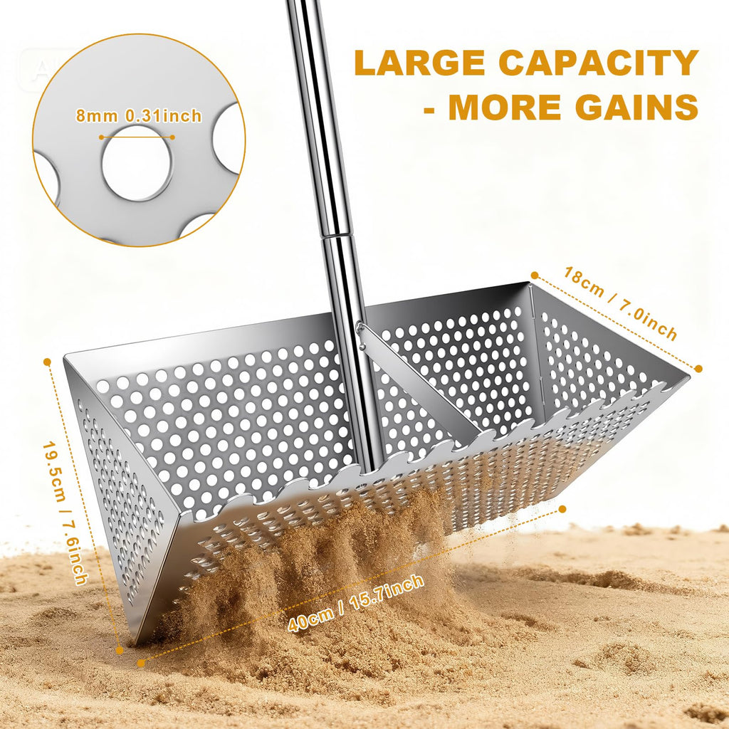 Sea Flea Rake for Beach - Premium 304 Stainless Steel Sand Sifter w 48'' Ergonomic Curved Long Handle, Beach Sifter w Large Basket w Curved Teeth, Sand Crab Catcher for Shark Teeth, Shells