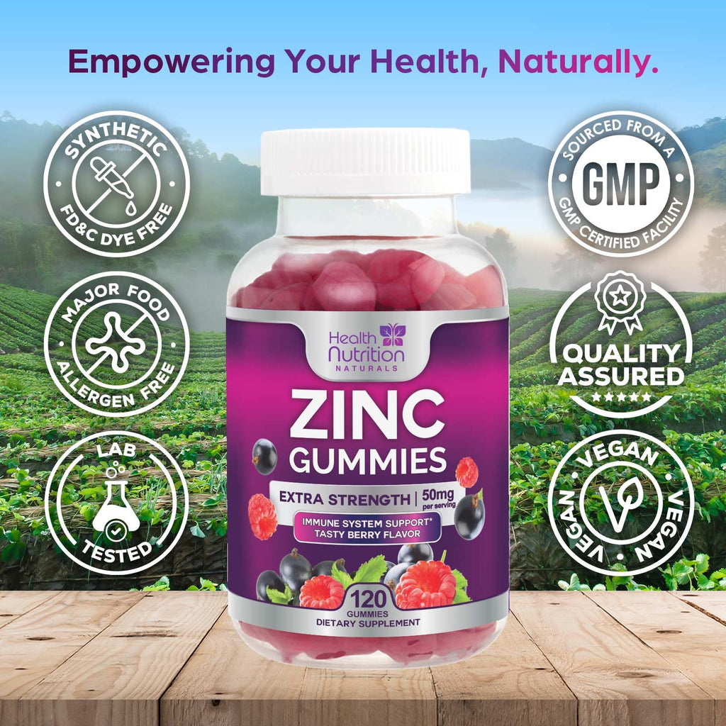 Zinc Gummies 50mg per Serving - Extra Strength Immune Support Antioxidant Gummy, Non-GMO & Gluten Free - Best Zinc Supplement for Skin Bone & Heart Health - Chewable Tasty Berry Flavor - 120 Gummies