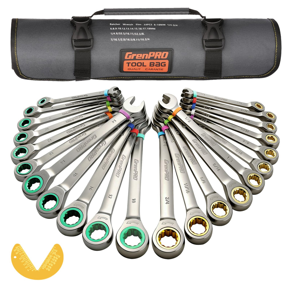 GRENPRO Ratcheting Wrench Set, Combination Wrench Set Metric And Standard & SAE With Color Ring, 1/4" to 3/4" & 6-18mm, 23PC Open End Ratchet Wrenches With Roll Up Pouch, CRV Socket Mechanic Tool Sets