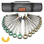 GRENPRO Ratcheting Wrench Set, Combination Wrench Set Metric And Standard & SAE With Color Ring, 1/4" to 3/4" & 6-18mm, 23PC Open End Ratchet Wrenches With Roll Up Pouch, CRV Socket Mechanic Tool Sets