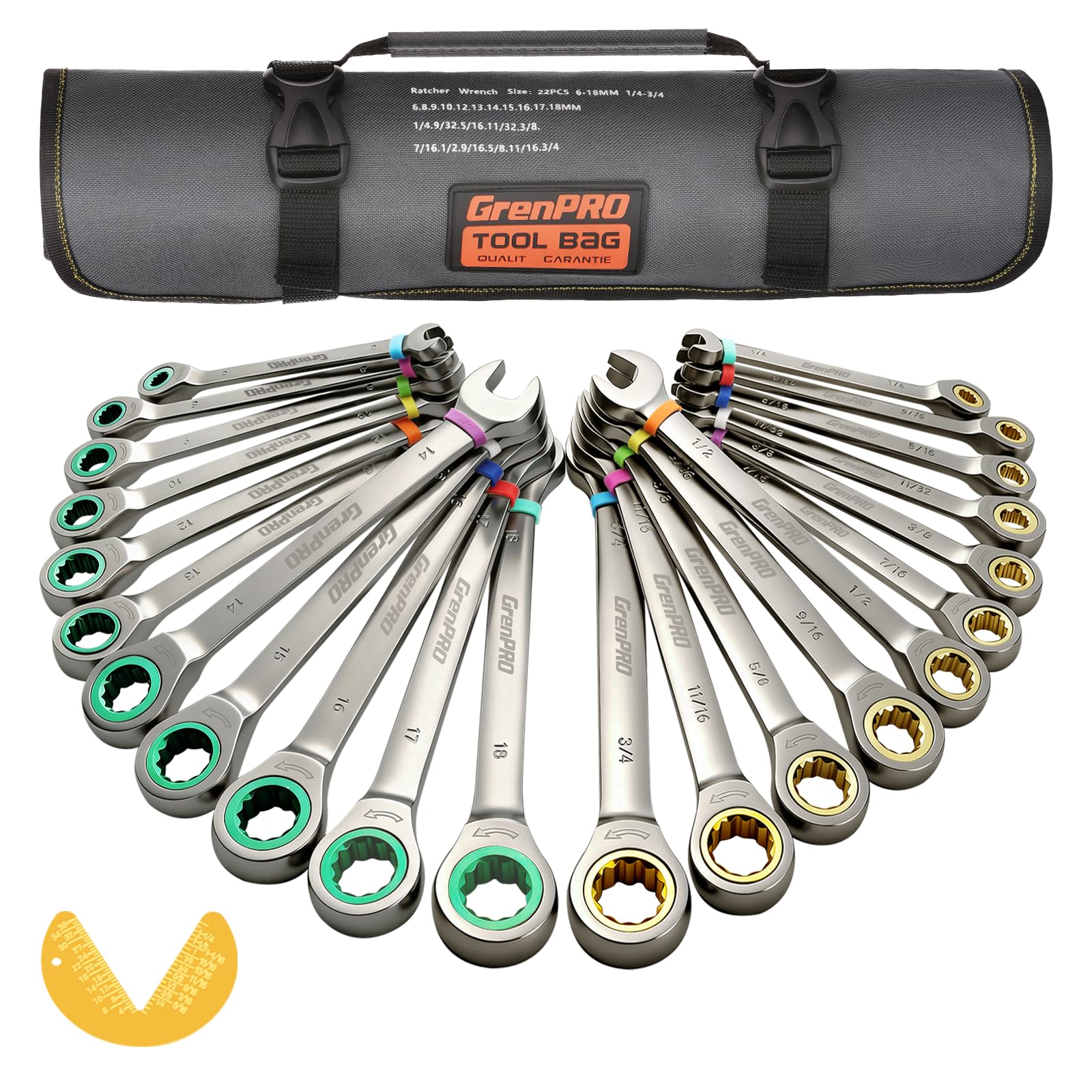 GRENPRO Ratcheting Wrench Set, Combination Wrench Set Metric And Standard & SAE With Color Ring, 1/4" to 3/4" & 6-18mm, 23PC Open End Ratchet Wrenches With Roll Up Pouch, CRV Socket Mechanic Tool Sets