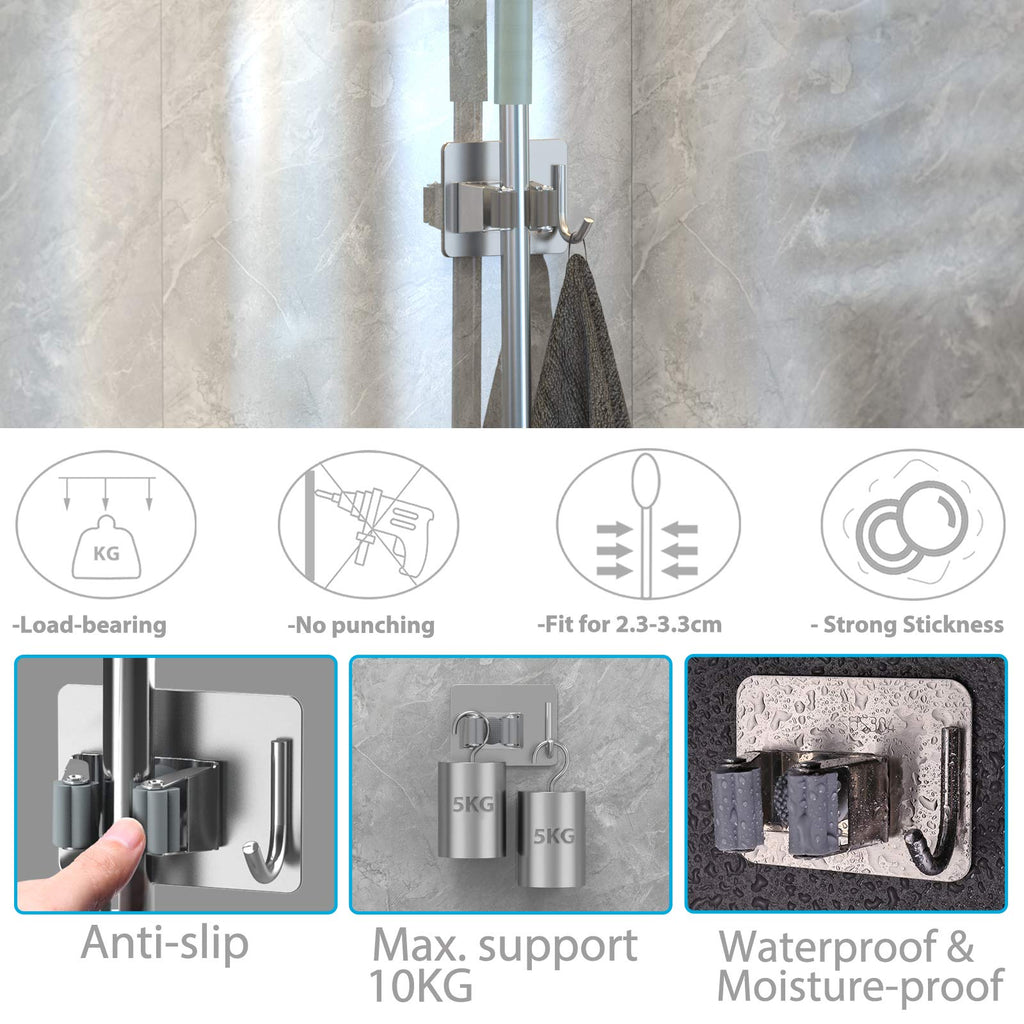 homeasy Mop Broom Holder No Drill, Mop Broom Organizer Wall Mounted Heavy Duty with Hooks Hanger, Self Adhesive Stainless Steel 6Pcs for Bathroom, Kitchen, Office (Silver)