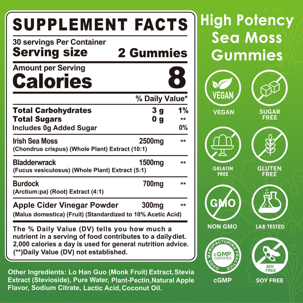 (2 Pack) Sea Moss Gummies - Irish Sea Moss Gummies for Adults & Kids - Advanced Superfood Seamoss Supplement + Bladderwrack, Burdock Root Extract，ACV for Daily Immune, Gut Cleanse, Vegan, Sugar Free
