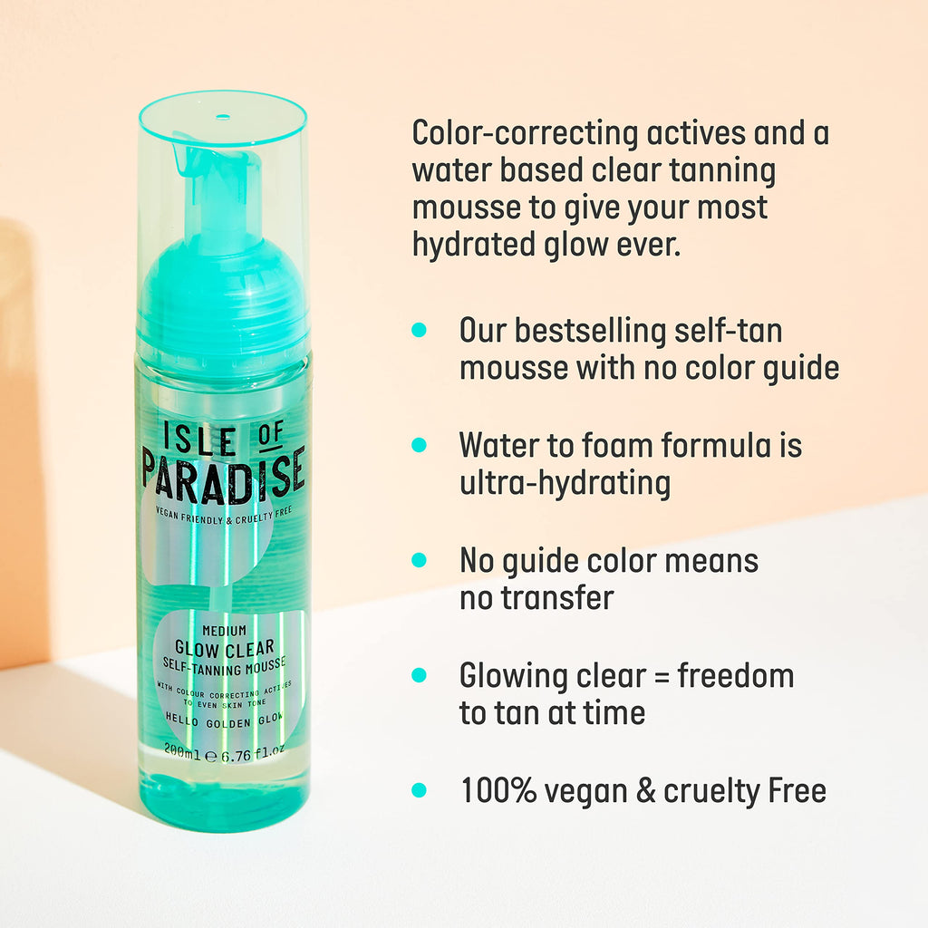 Isle of Paradise Glow Clear Self-Tanning Mousse- Medium, Transparent & Transfer-Proof Self-Tan Formula, Streak-Free Foam for Hydrating Skin, Natural Tan Lasts Up To 7 Days, Vegan, 6.76 fl. Oz