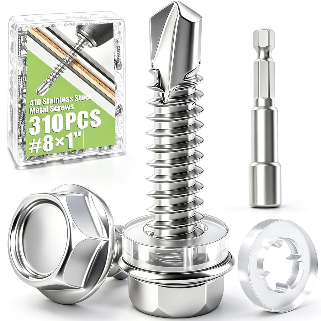 mxuteuk 310PCS #8×1" Self Tapping Screws,410 Stainless Steel Self Drilling Screws,Hex Washer Head Sheet Metal Screws with Rubber Washers for Metal,Plastic,Wood(155Set)