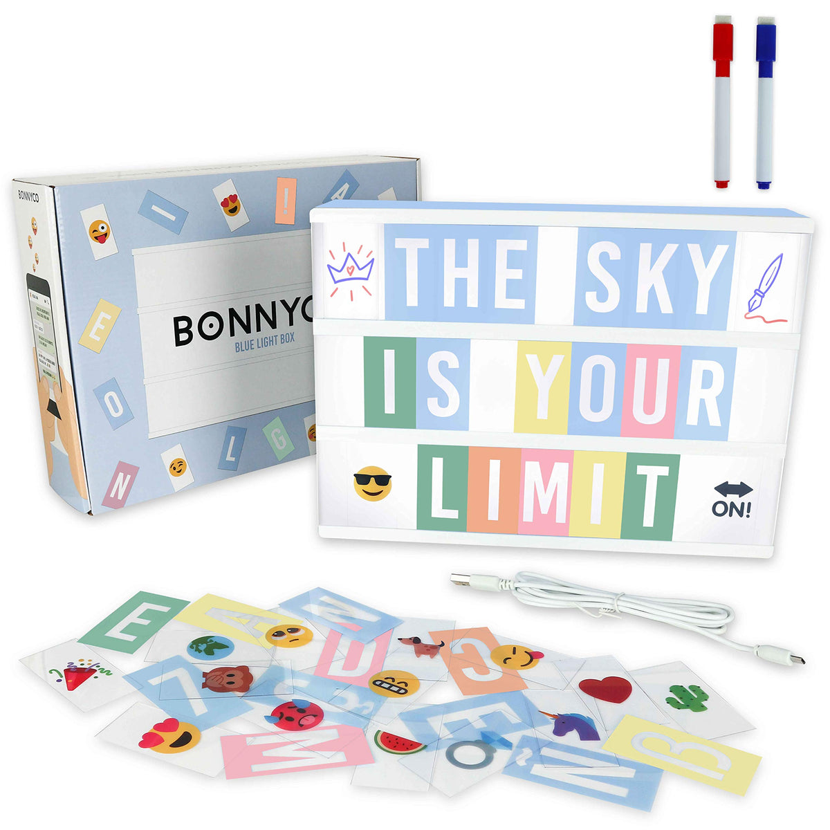 BONNYCO Blue Cinema Light Box with 400 Letters, Emojis and 2 Markers, USB