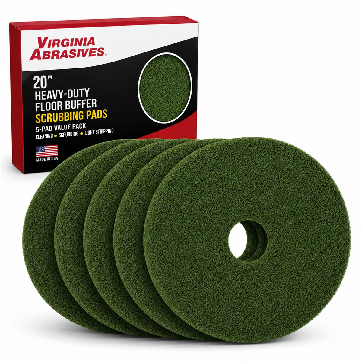 Green Floor Maintenance Pads, Deep Cleaning & Light Stripping, 20", 5-Pack