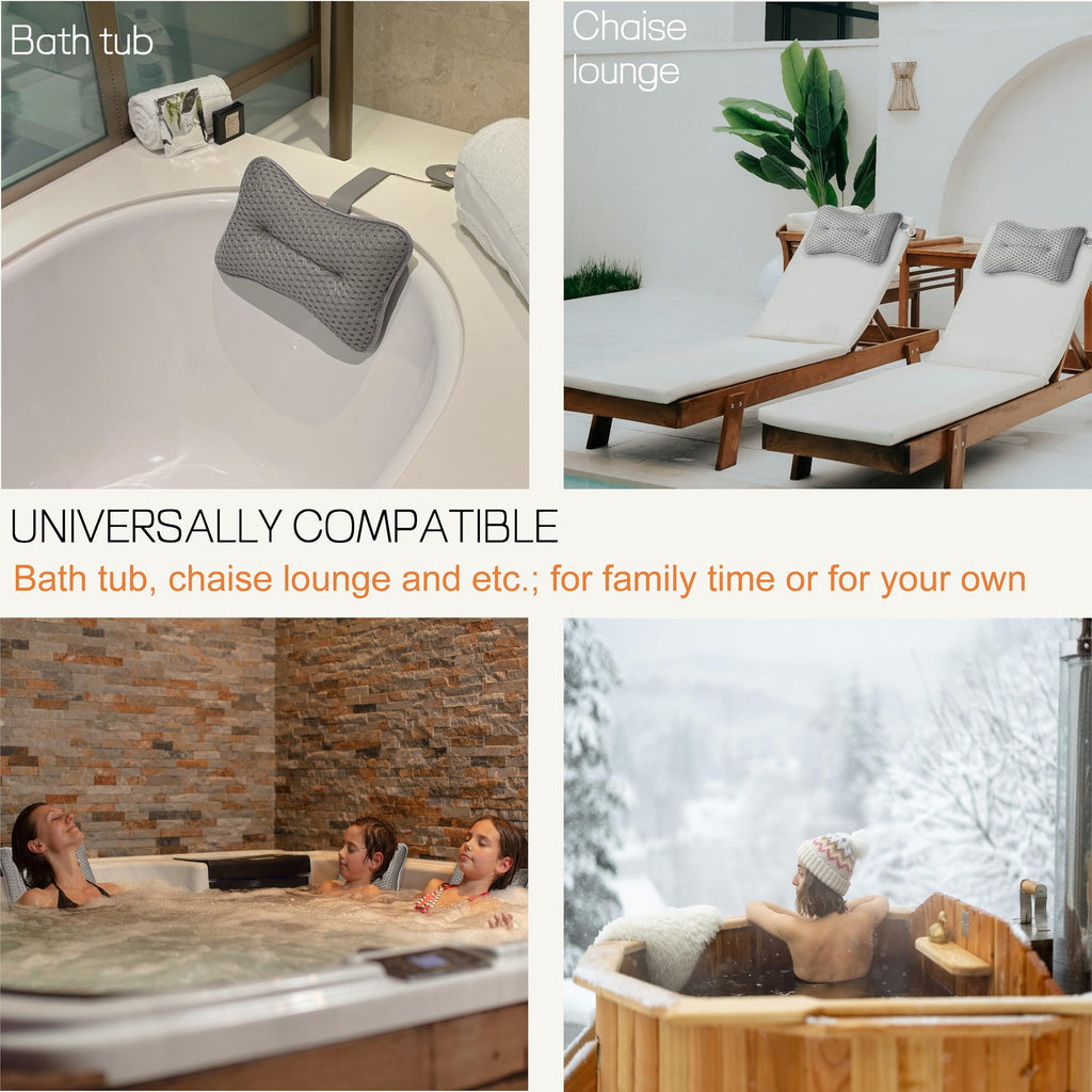HUGABOW 2-Pack Large Pillow for Hot Tub (Grey), Spa, and Chaise Lounge - Universal Headrest & Neck Support Cushion, Adjustable Height with Long Strap, Easy Drying with Hook (2-Pack)