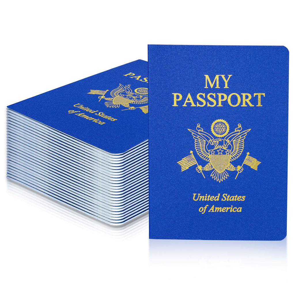 XIISVINT 30 Pcs Blank Passport Notebook Blue Passport Book Fake Passport Travel Journal Sticker Collection Book for Kids School Projects World Travel Pretend Activity Party Favors, 5.51x3.9 Inch