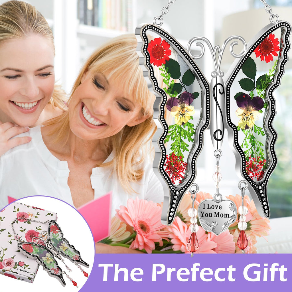 KY&BOSAM Mom Gift Butterfly Glass Pressed Flowers Suncatcher Window Hanging
