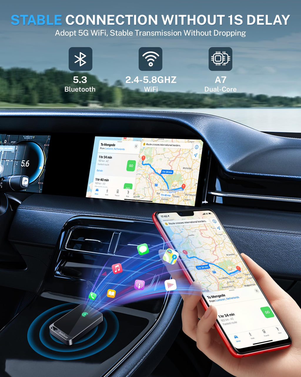 Jemluse Wireless CarPlay Adapter for Apple iPhone (Gray)