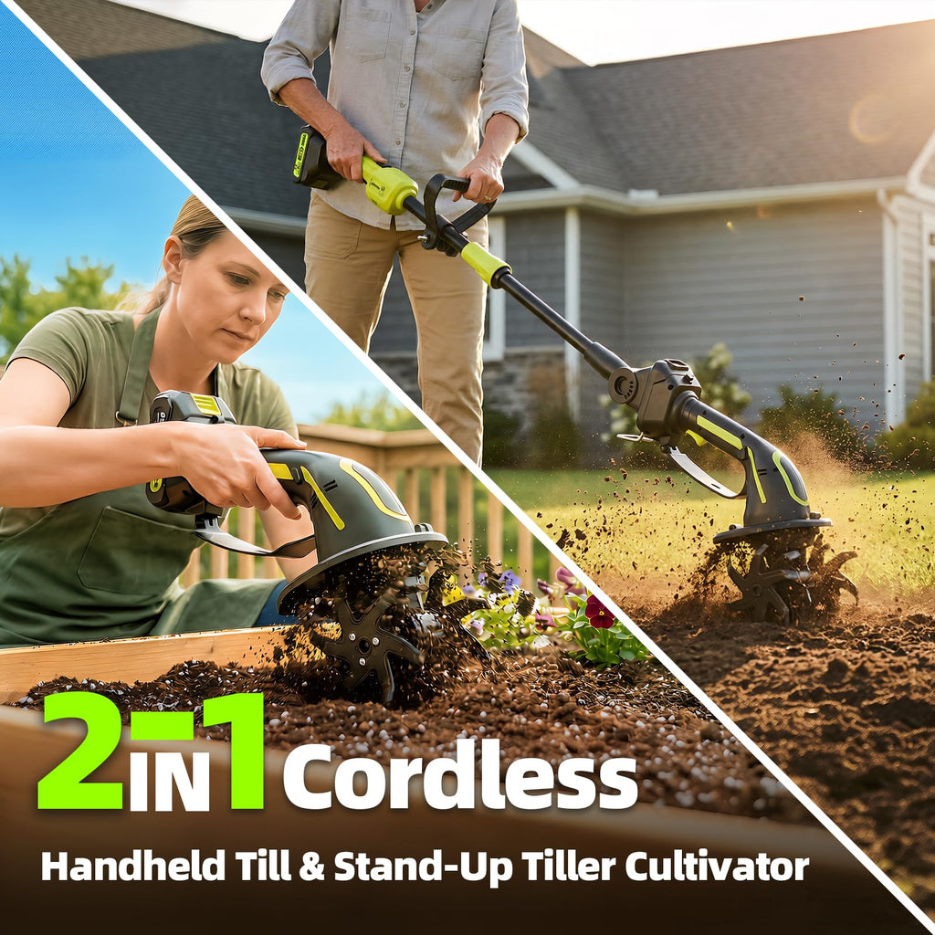 GARDTECH 2-in-1 Cordless Tiller Cultivator, 235RPM Powered Tiller with 3.5ft Extension Pole, 2×2.0Ah Rechargeable Batteries, 4-Inch Tilling Width & Depth, Mini Powerful Tiller for Gardening, Lawn