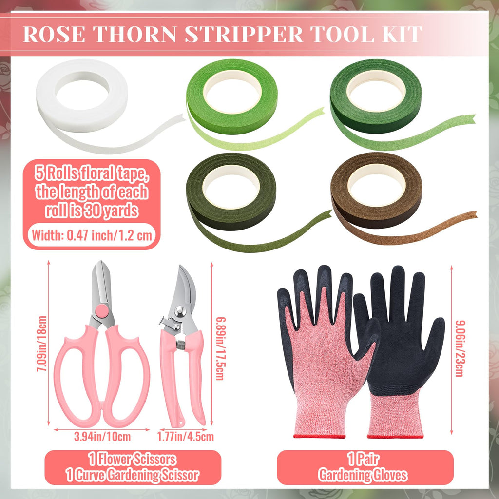 Lasnten 9 Pcs Rose Thorn Remover Set Include 1 Flower Thorn Stripper Tool 5 Floral Tape 1 Flower Scissor 1 Curve Gardening Scissors 1 Pair Gardening Gloves for Wedding Women Mother Gift (Pink)