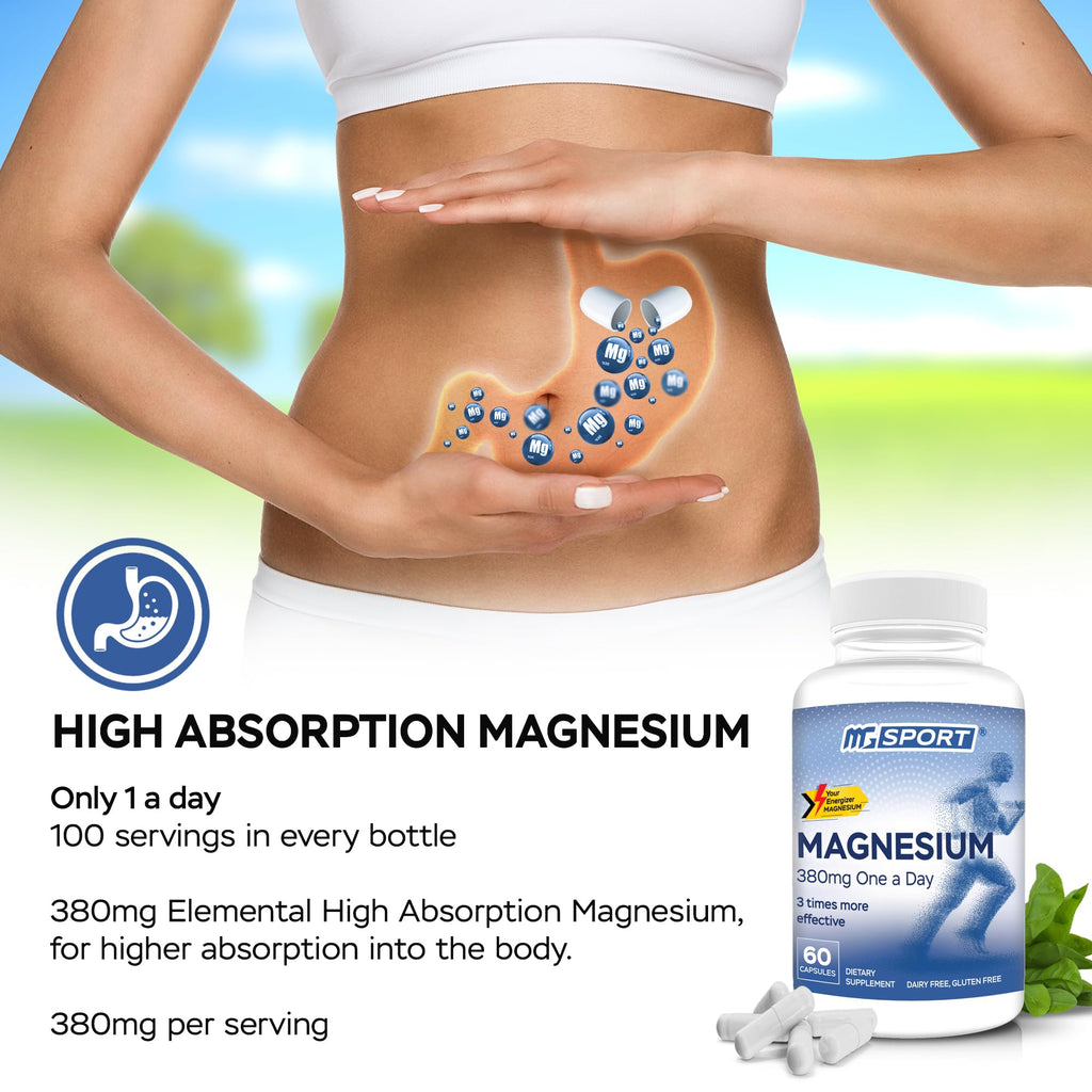 MGSPORT Magnesium Supplement 380mg - High Absorption Magnesium Complex Formula with Vitamins B6, D, E - Supports Muscle Function and Sleep Quality - 60 Servings