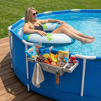 2026 Upgrade Poolside Storage Basket with Cup Holder Poolside Organizer for Pool Toys Towels Beverages Pool Accessories for Most Frame Above Ground Swimming Pools 5 Multifunctional Hooks Grey