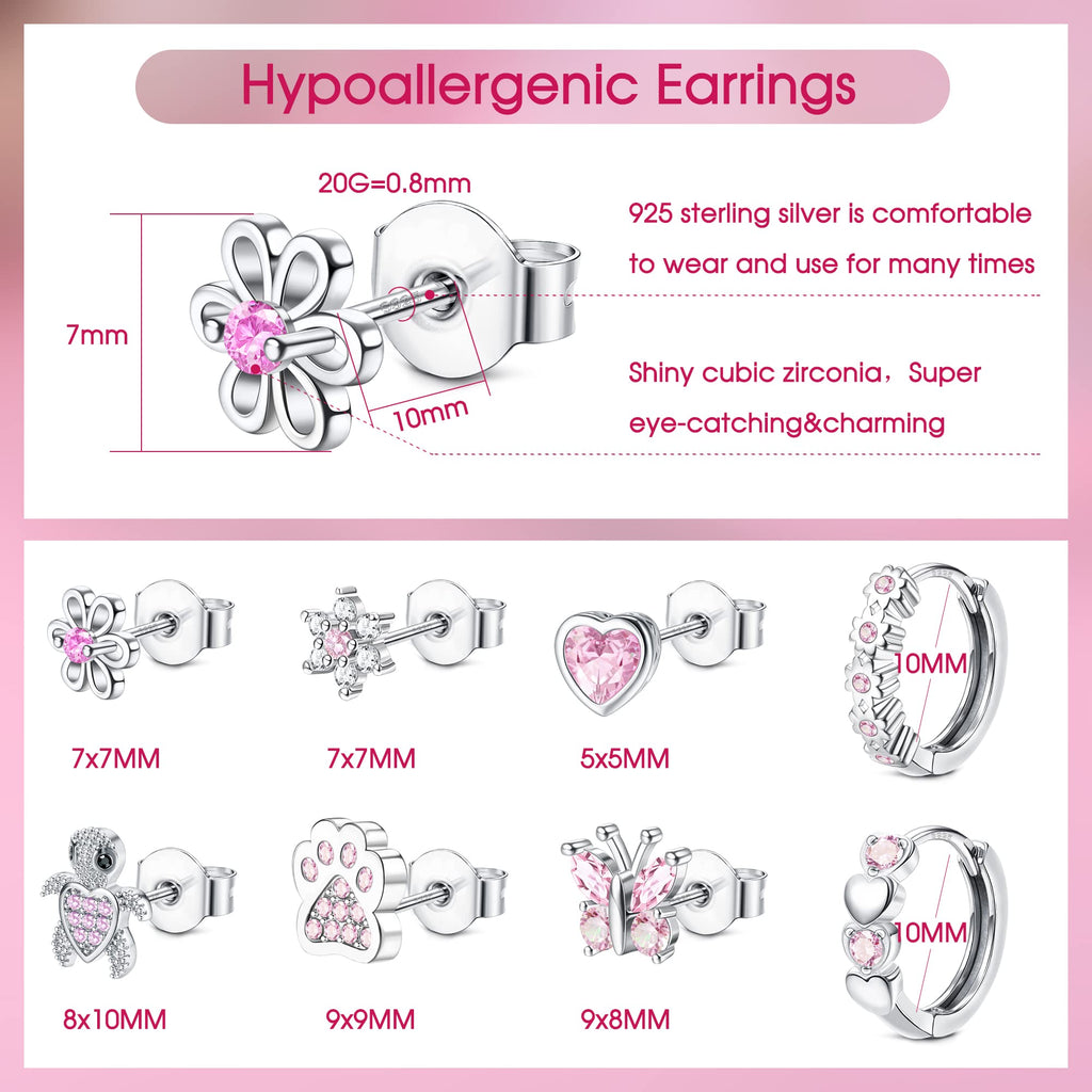 HAIAISO 8 Pairs 925 Sterling Silver Post Stud Earrings Set Hypoallergenic Pink Heart Cz Earrings Cute Butterfly Flower Dog Paw Turtle Stud Earrings Hoops Earrings For Women (Pink) Over 3 Years Old