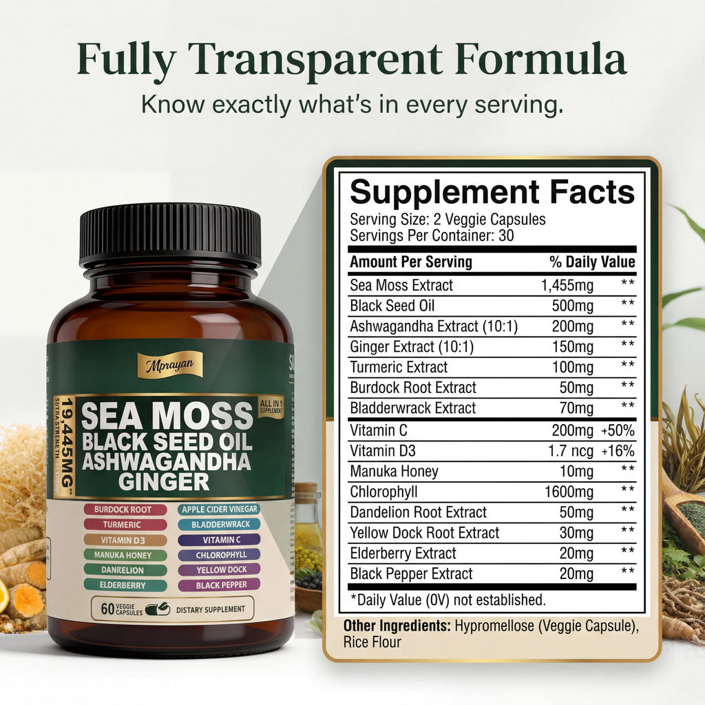 MPRAYAN Sea Moss Black Seed Oil Ashwagandha Capsules - 10:1 Extract Blend 60ct