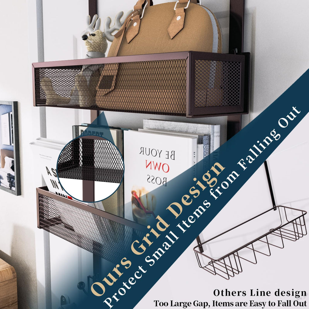 Consumest Over The Door Hooks Organizer - 3 Tier Door Hanger with 9 Coat Hooks & 2 Mesh Basket, Back Storage Organizer Hanging Towels for Bathroom, Bedroom, Bronze
