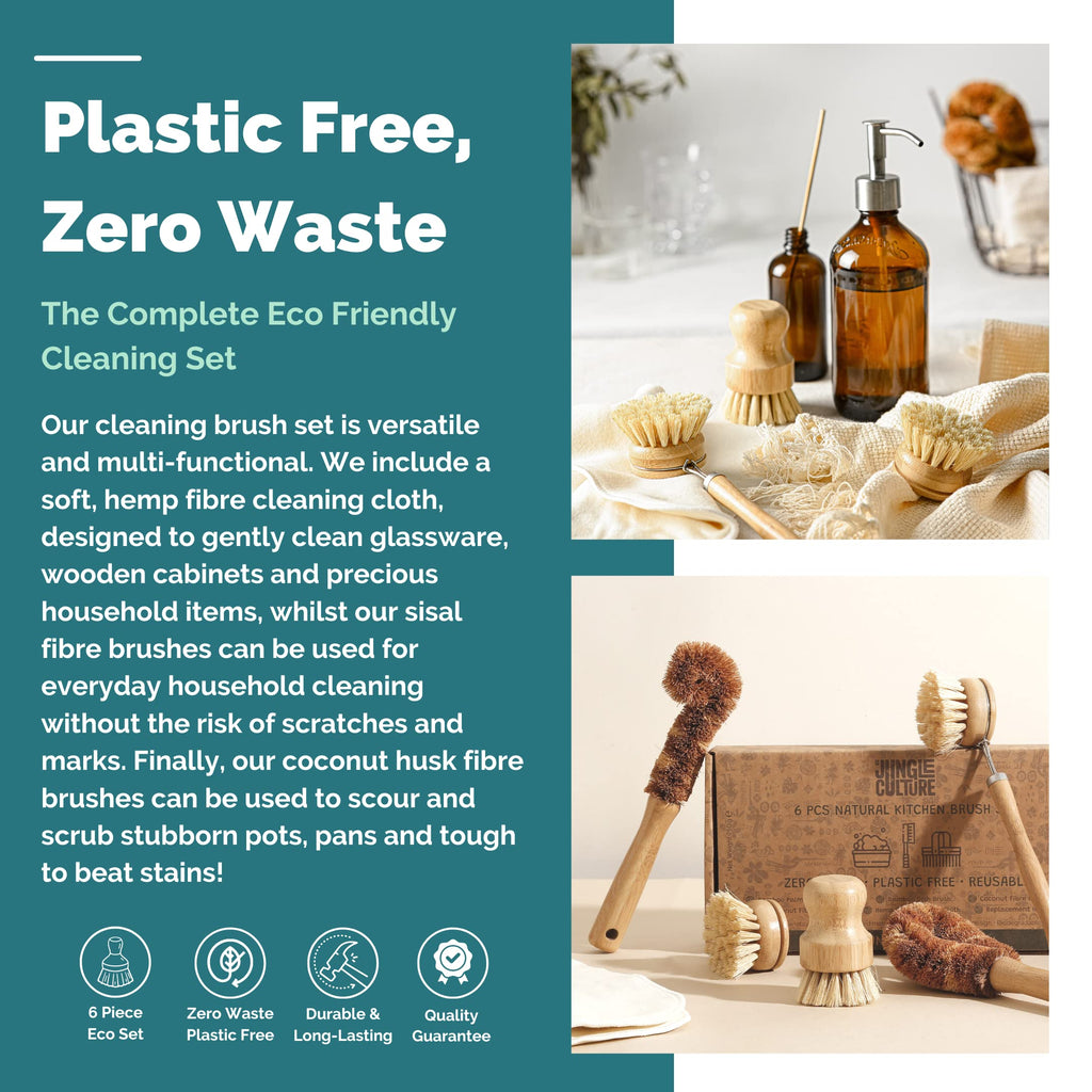Jungle Culture® 6 Pack Bamboo Dish Brush Set for Washing Up • Natural Wooden Dish Brushes for Pans & Dishes • Eco Friendly Dish Scrubber for Bottles, Pots & Vegetables • Non Toxic & Plastic Free